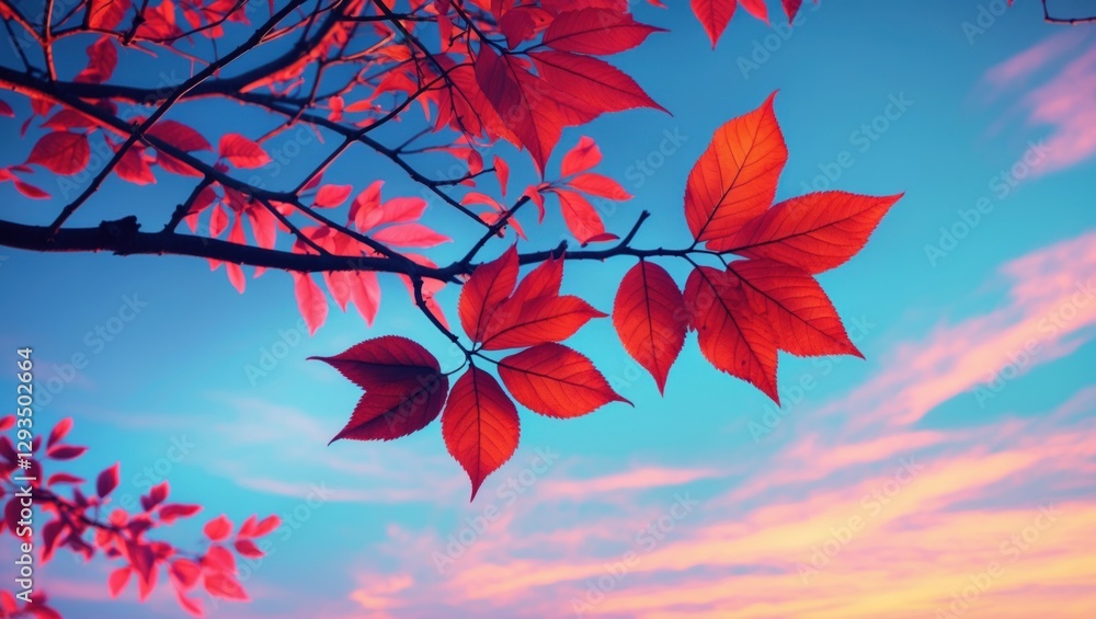 Poster vibrant autumn leaves silhouette against a colorful sky with a dreamy gradient background evoking a 