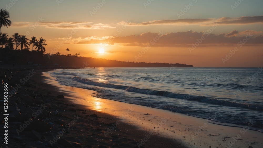Aufkleber tranquil beach sunset silhouette with gentle waves and palm trees, featuring ample empty space for t