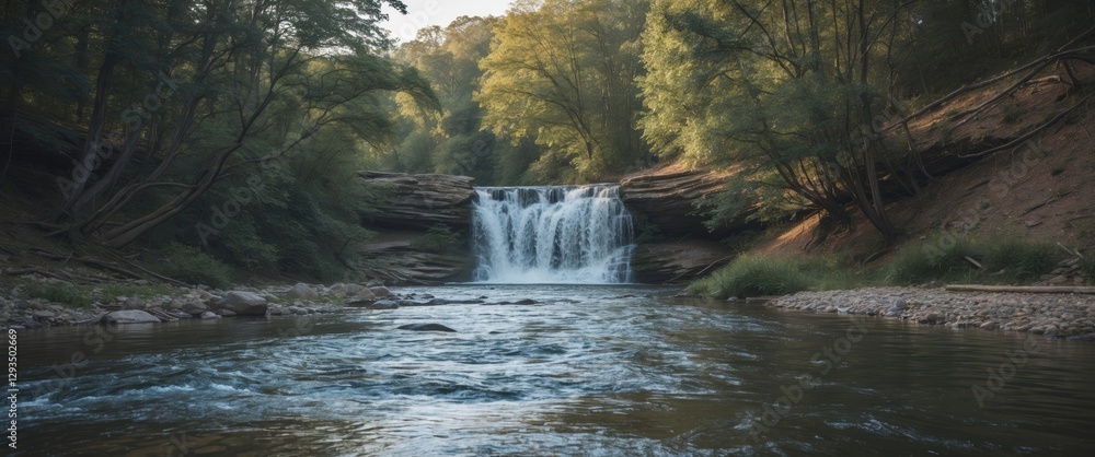 Poster Serene Waterfall Amidst Lush Greenery With Tranquil River Flow Creating Perfect Space For Text Overlay