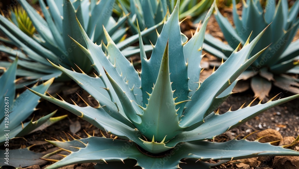 Aufkleber Dramatic Close-Up of Sharp Pointed Agave Plant Leaves in Natural Setting with Textured Soil and Lush Greenery in Background