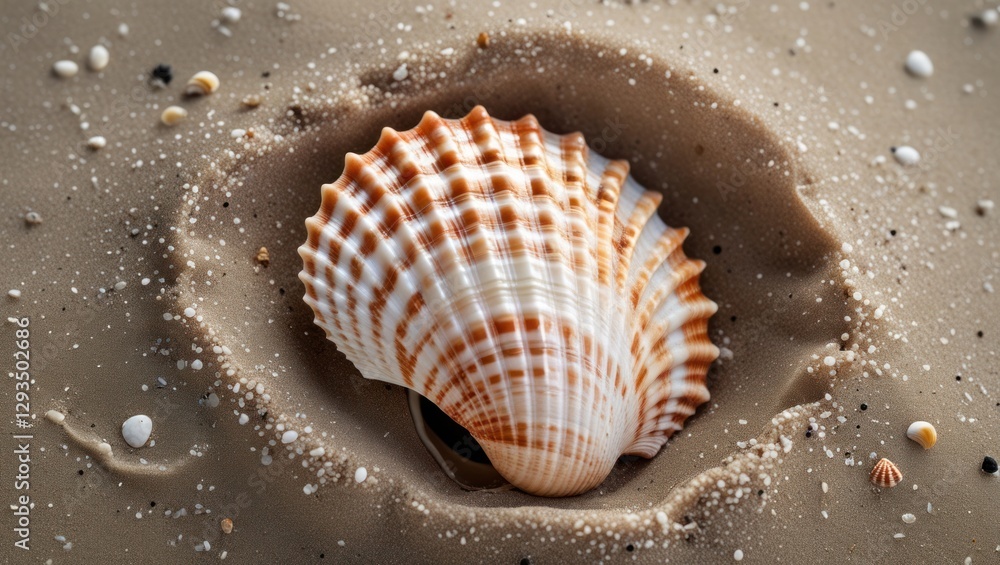 Poster Beautiful seashell nestled in soft sandy beach with small pebbles creating a serene coastal ambiance ideal for nature and travel themes.