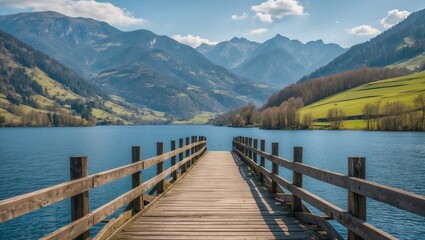 Serene Mountain Landscape with Wooden Pier Over Tranquil Lake and Lush Green Fields Under Clear Blue Sky