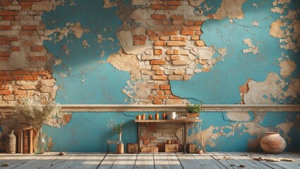 Vintage distressed wall with peeling paint and exposed bricks ideal for creative interior design and rustic decor projects.