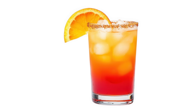 refreshing cocktail served in a clear glass filled with ice the drink has a vibrant gradient of orange and red hues. garnished with a slice of orange and a rim coated with sugar or salt. making it vis