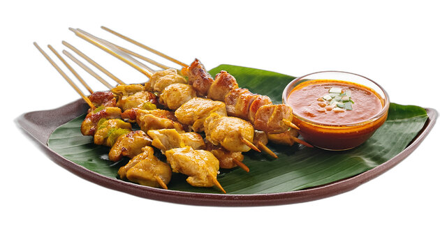 Set of chicken and pork satay isolated on white background