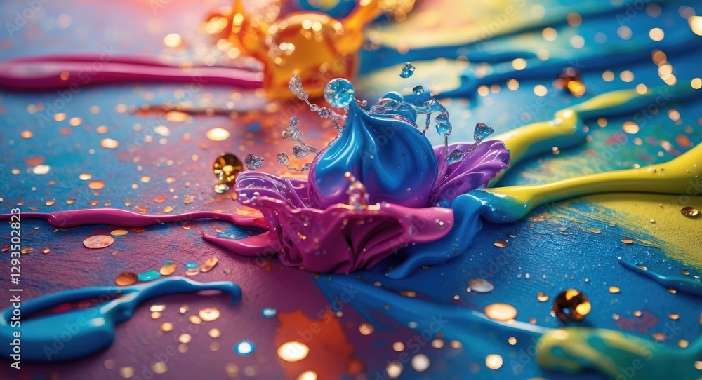 Poster vibrant paint splashes on a canvas showcasing artistic creativity with glossy elements and dynamic c