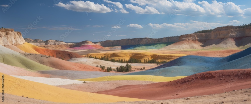 Poster seven colored earth landscape with vibrant stripes and clouds above in national park setting suitabl
