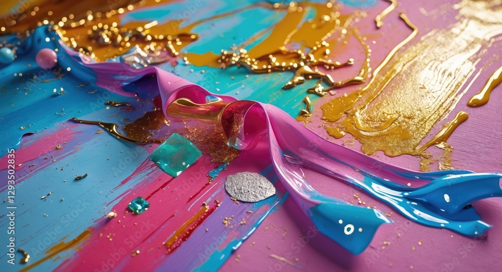 Aufkleber vibrant abstract art composition showcasing colorful paint spills and shiny elements on a textured b