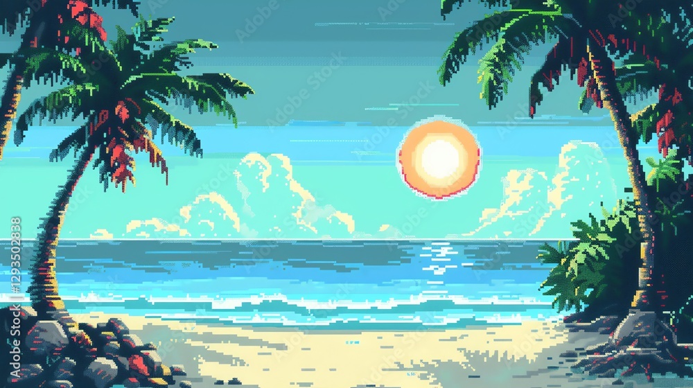 Poster a pixel art style image of a beach with palm trees.