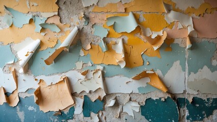 Peeling paint on an old wall revealing layers of color in a vintage industrial setting showcasing texture and decay.