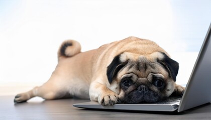 Tired Pug Lounge on Office Laptop Amidst Modern Workspace, A Humorous Blend of Leisure and Technology in Greyscale Tones, Offering a Touch of Quirky Charm.