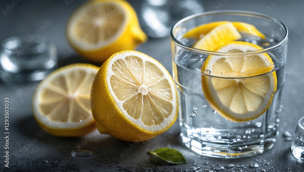 Poster Sliced Lemons Floating in Refreshing Water in a Clear Glass on a Dark Background with Ice Cubes and Fresh Lemon Halves
