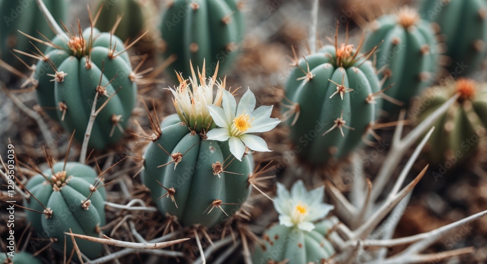 Poster cactus flowers among thorns macro photography with copy space for text in natural setting