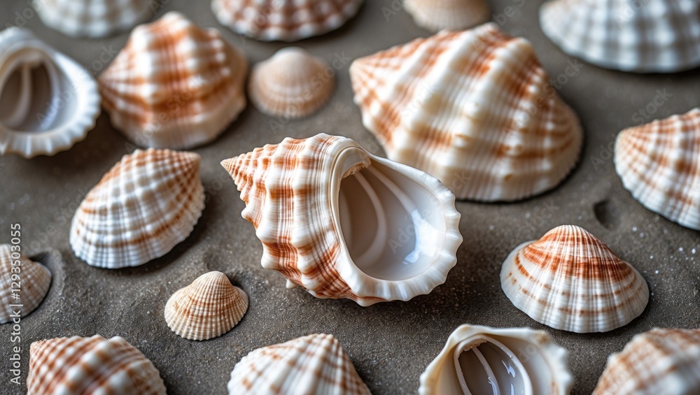 Poster Seashell Collection on Sand with Empty Space for Text Perfect for Coastal Decor or Nature Themes