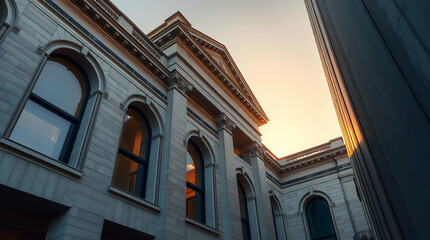 Obraz premium Classic Architectural Building with Symmetrical Design, Arched Windows, Ornate Cornices, and Triangular Pediment in Warm Golden Light