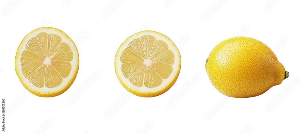 Poster three views of a lemon a whole lemon on the right. a sliced lemon in the middle. and another view of