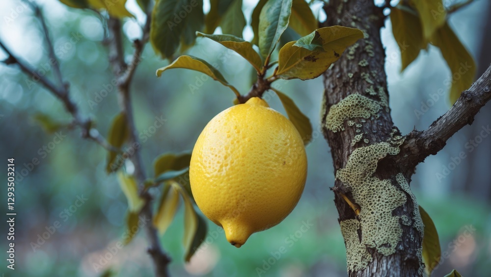 Poster Golden Yellow Lemon Clinging to Tree Branch with Fungal Growth in Organic Garden Setting and Open Space for Text Overlay