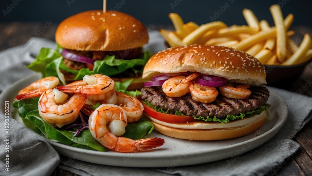 Poster delicious shrimp and beef burger served with fresh salad and crispy french fries on wooden table wit