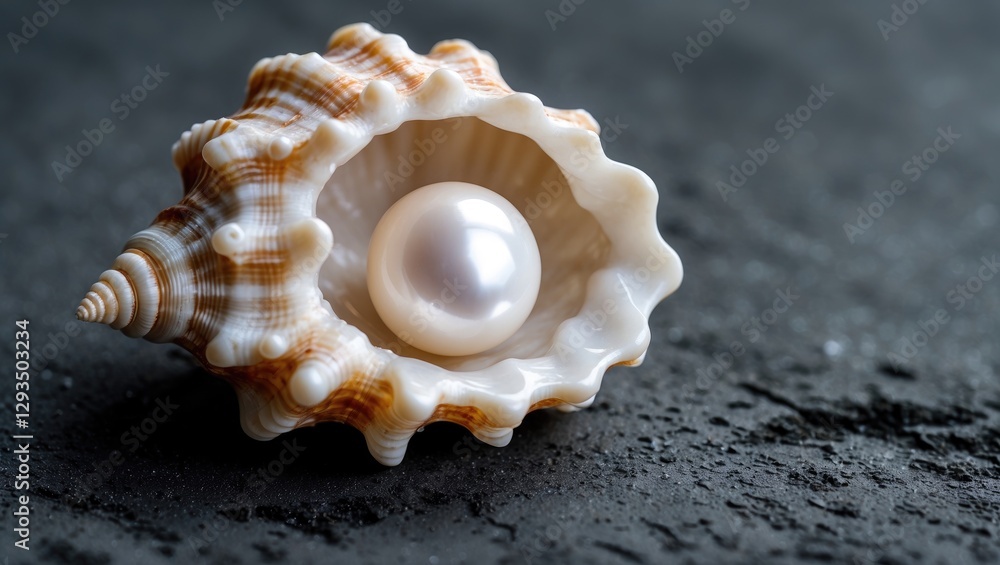 Poster Seashell with a Lustrous Pearl Inner Detail on Dark Textured Surface with Copy Space for Text