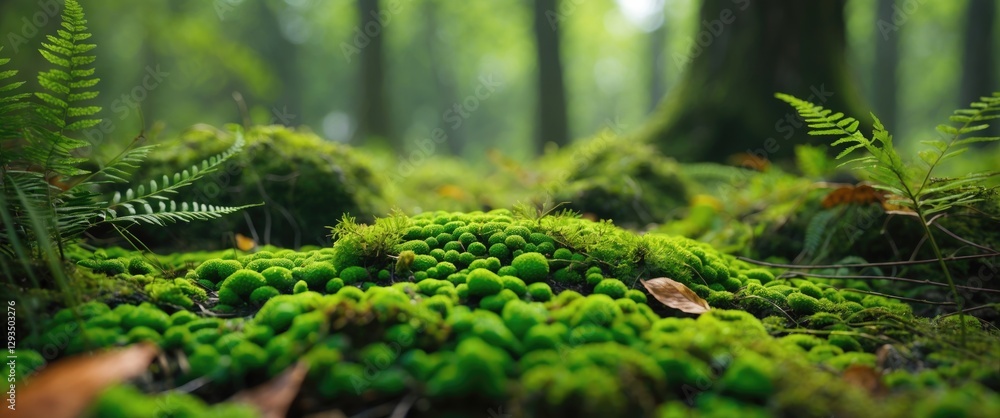 Poster lush green moss with delicate ferns in a tranquil forest setting showcasing macro details and soft f