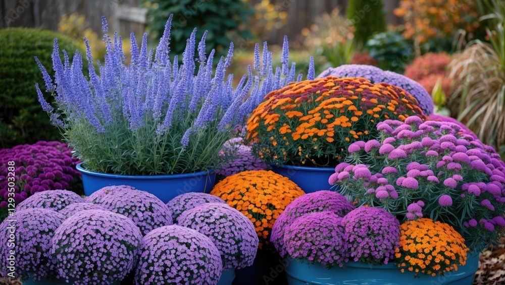 Poster vibrant fall garden containers featuring lavender-blue flowers and colorful mums with space for cust