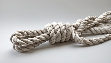 Thick nautical rope tied in a knot isolated on a clean white background for marine or nautical themed design concepts.