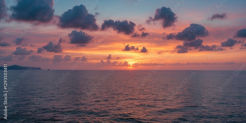 Poster stunning sunset sky over serene ocean waters with dramatic clouds and empty space for text in a peac
