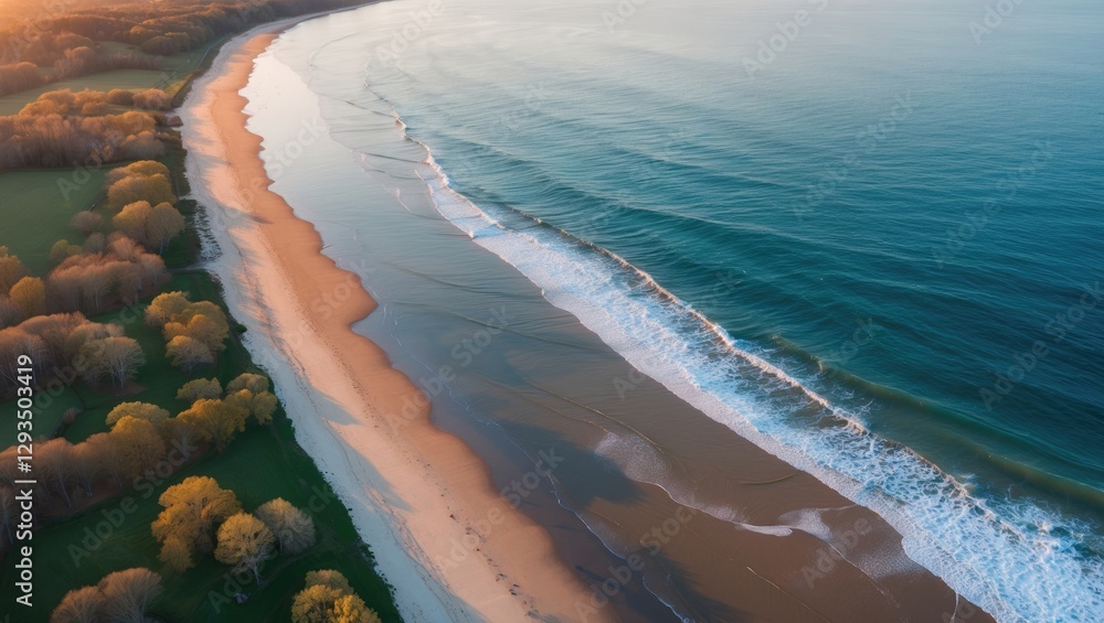 Poster Aerial View of Serene Seashore with Rolling Waves and Springtime Colors at Dawn