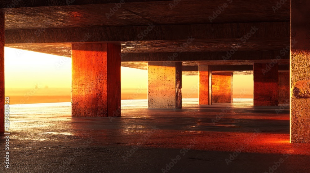 Aufkleber urban architecture at sunset with dramatic lighting and texture in an empty space under a structure