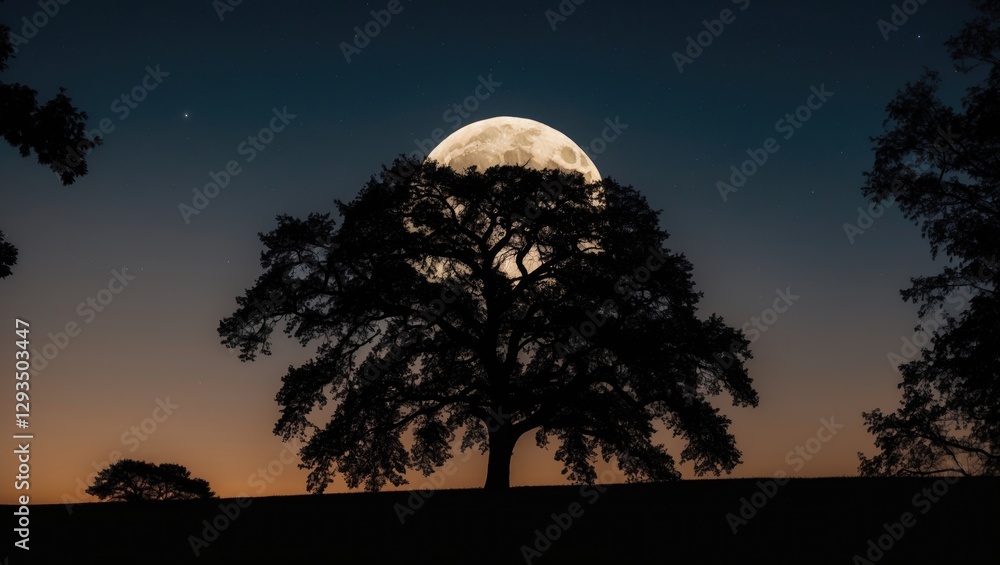 Poster majestic tree silhouette against a glowing full moon with stunning twilight backdrop and ample space
