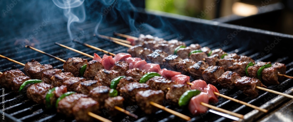 Aufkleber grilled meat kebabs on skewers with smoky background creating an appetizing outdoor barbecue atmosph