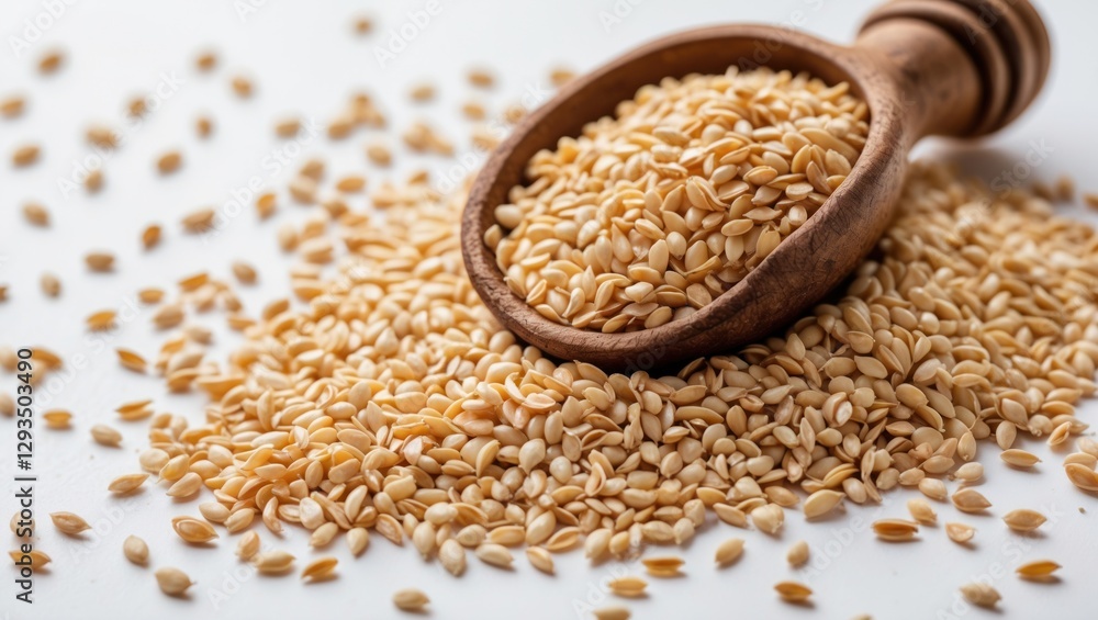 Poster high-quality close-up of sesame seeds spilling from a wooden scoop on a clean white background highl