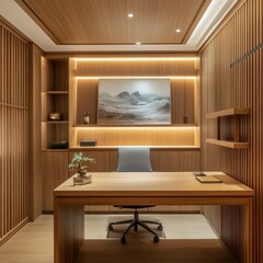 An interior design office with a desk and a painting