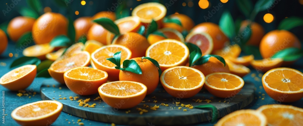 Poster sliced oranges arranged on a wooden board with vibrant leaves and a festive background inviting for 
