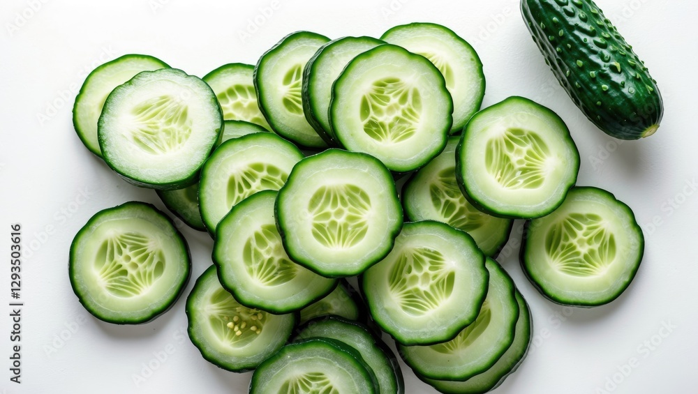 Poster Fresh cucumber slices arranged on a white background with a whole cucumber, showcasing healthy eating and culinary concepts.