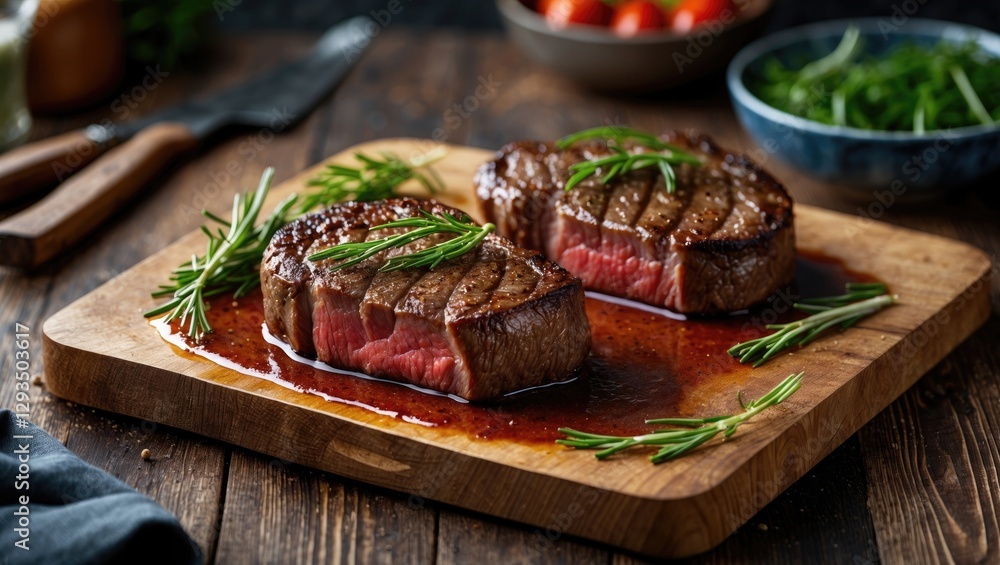 Poster Freshly Cooked Beef Steak Garnished with Herbs on a Wooden Board with Empty Space for Text in a Rustic Kitchen Setting