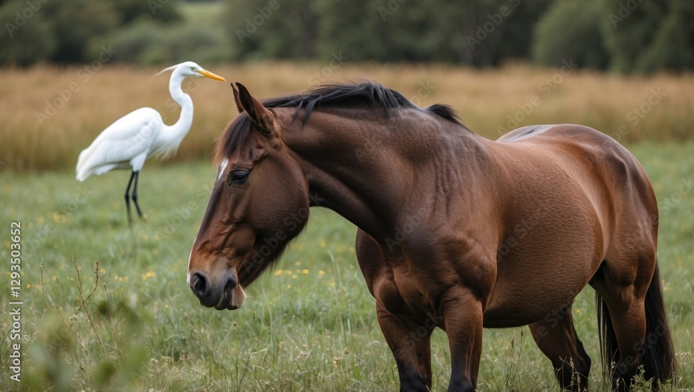 Poster horse grazing in meadow with white egret in background and copy space for text nature scene serenity