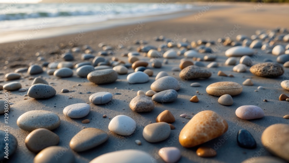 Poster Scattered small and medium-sized sea pebbles on a sandy beach with gentle waves in the background creating a serene coastal atmosphere.