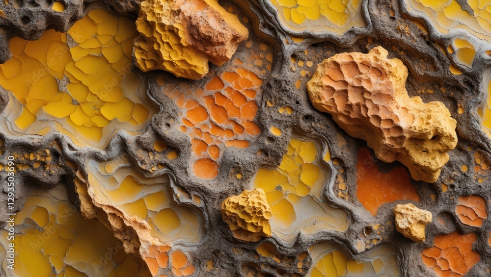 Poster vibrant yellow and orange mineral deposits create a rich abstract texture with earthy brown tones in
