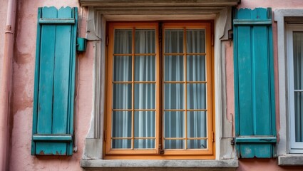 Charming vintage window with teal shutters and orange frame set against a pink wall creating a vibrant architectural detail.