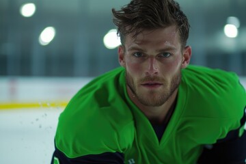 Intense ice hockey player focused on game, wearing vibrant green