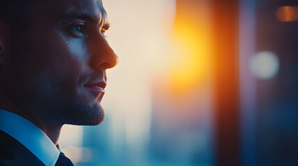 Cinematic closeup of a ceo gazing out at sunset urban office portrait photography warm glow inspirational leadership