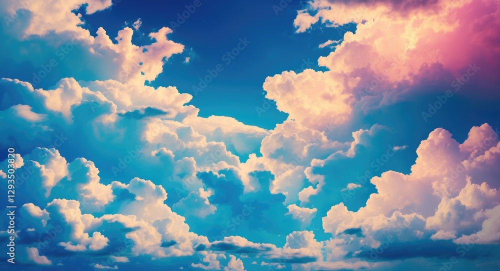 Poster vibrant sky with fluffy clouds in shades of blue and pink creating a beautiful partly cloudy atmosph