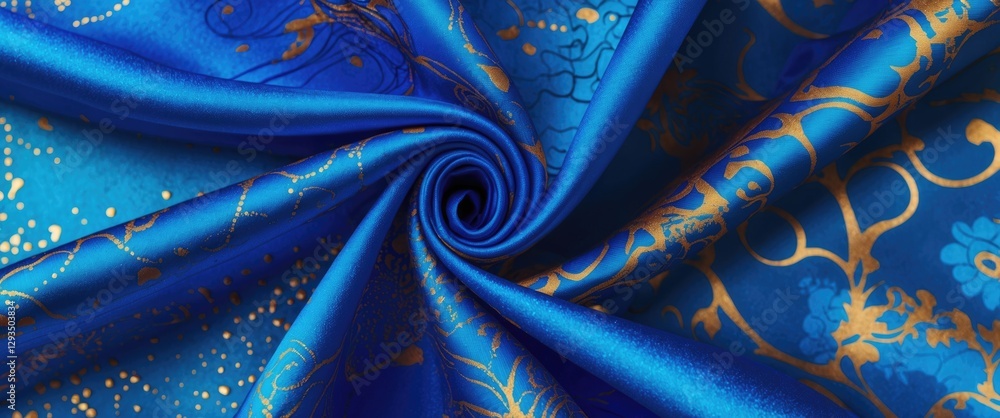 Aufkleber blue silk fabric texture with abstract golden patterns swirling elegantly in a luxurious design suit