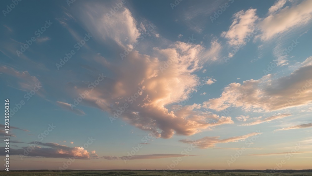 Poster Serene daylight sky with fluffy clouds and soft sunlight illuminating the horizon in a tranquil natural setting.