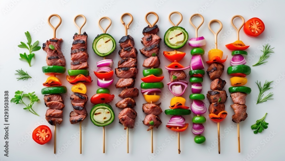 Poster vibrant skewers of grilled meat and colorful vegetables arranged on white background for culinary pr