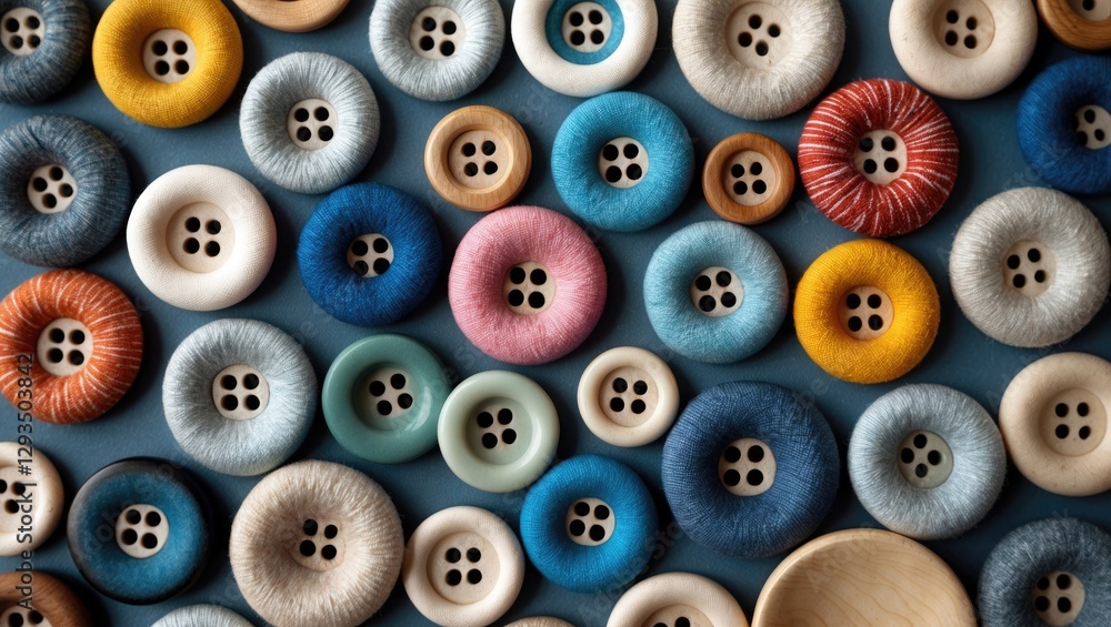 Aufkleber Colorful assortment of fabric-covered buttons on a blue background creating a vibrant and textured visual display for crafting and design.