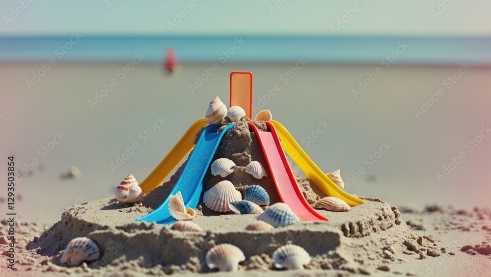 Poster Colorful sandcastle with slides and seashells on a tranquil beach, featuring empty space for potential text or promotional messages.