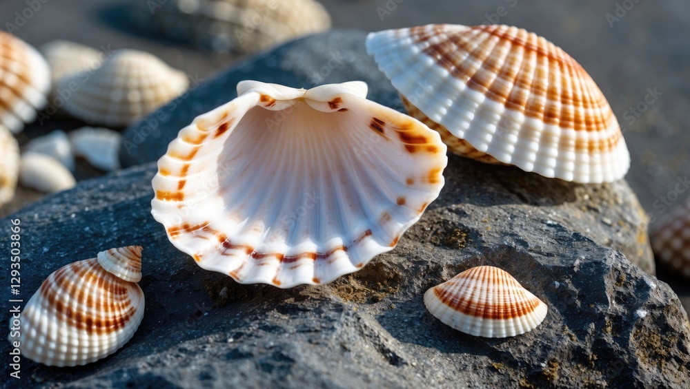 Aufkleber Seashells on a rock with natural textures and empty space for text in a beach setting, perfect for marine-themed designs.