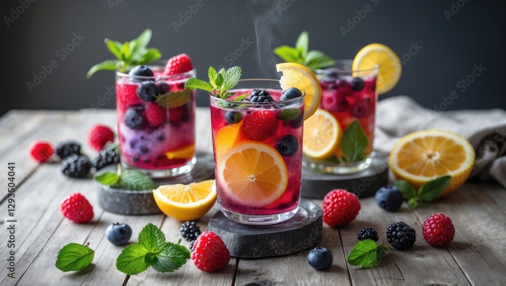 Aufkleber Refreshing Fruit Infused Drinks with Berries and Mint in Glasses on a Wooden Table with Lemon Slices and Copy Space for Text